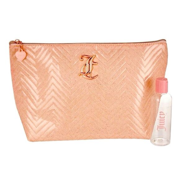 Juicy Couture Pink Glitter Monogram Cosmetic Makeup Bag & Travel Toiletry Bottle - Picture 1 of 16